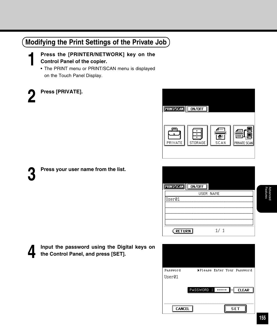 Modifying the print settings of the private job | Toshiba 810 User Manual | Page 157 / 218