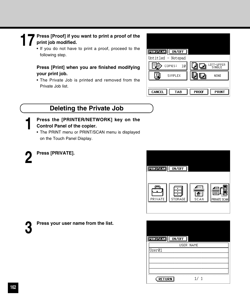 Deleting the private job | Toshiba 810 User Manual | Page 164 / 218