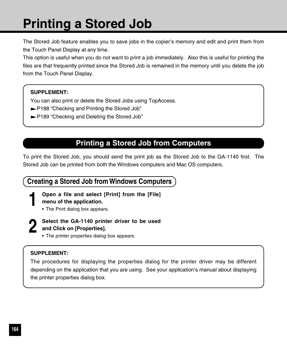 Printing a stored job, Printing a stored job from computers, Creating a stored job from windows computers | Toshiba 810 User Manual | Page 166 / 218