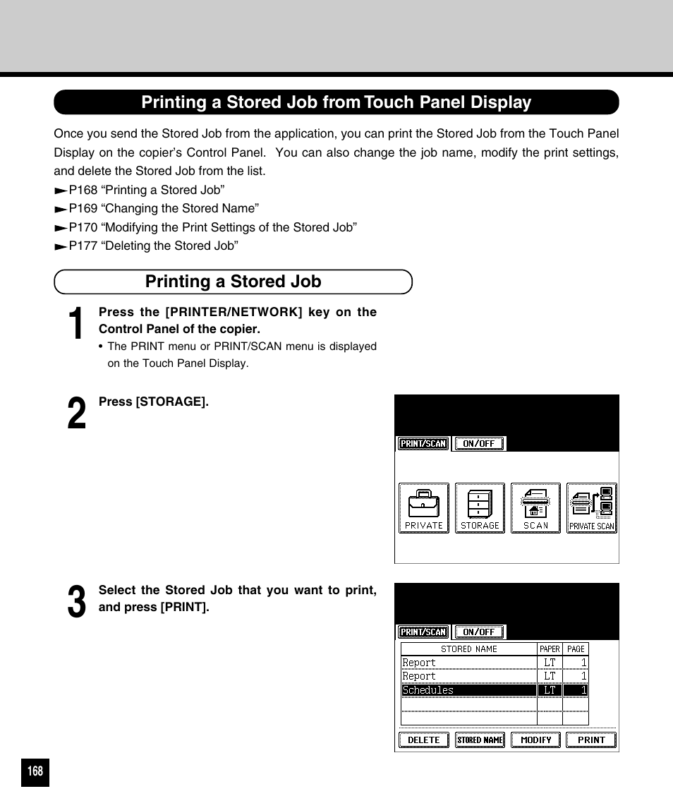 Printing a stored job from touch panel display, Printing a stored job | Toshiba 810 User Manual | Page 170 / 218