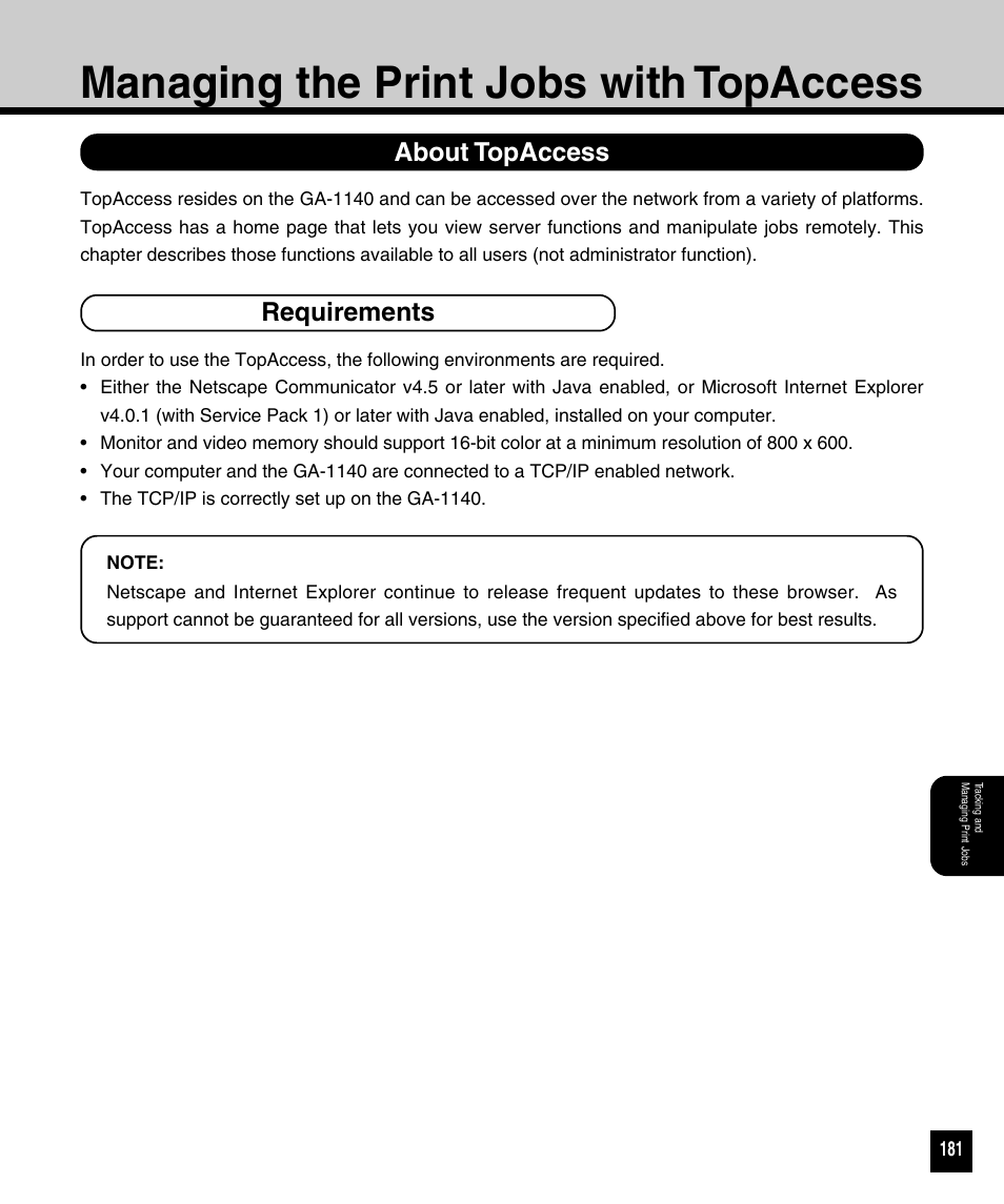 Managing the print jobs with topaccess, About topaccess, Requirements | About topaccess requirements | Toshiba 810 User Manual | Page 183 / 218