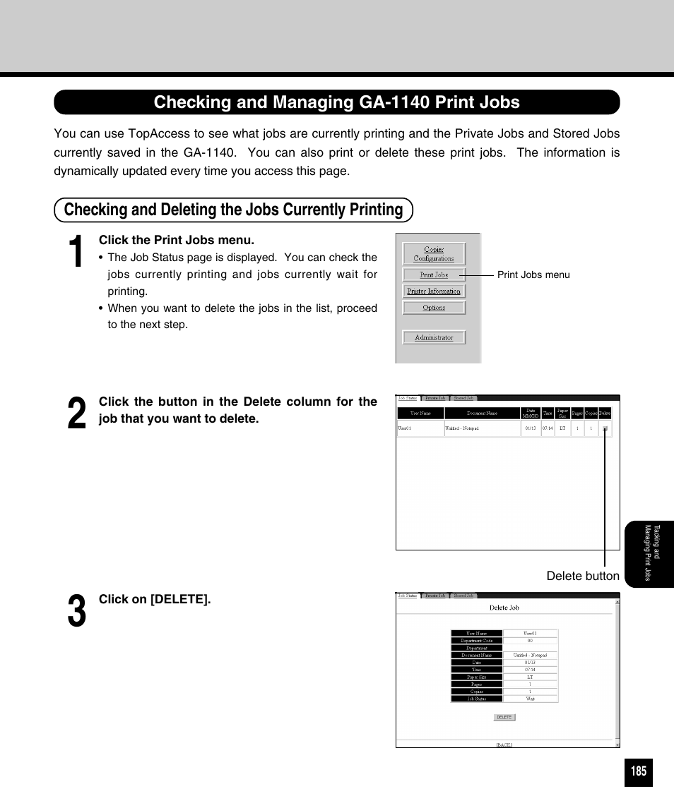 Checking and managing ga-1140 print jobs, Checking and deleting the jobs currently printing | Toshiba 810 User Manual | Page 187 / 218