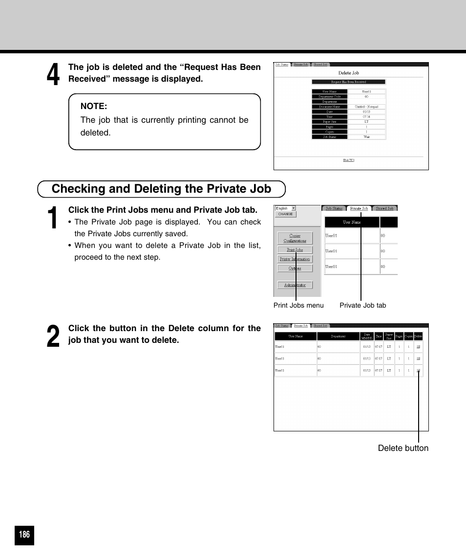 Checking and deleting the private job | Toshiba 810 User Manual | Page 188 / 218