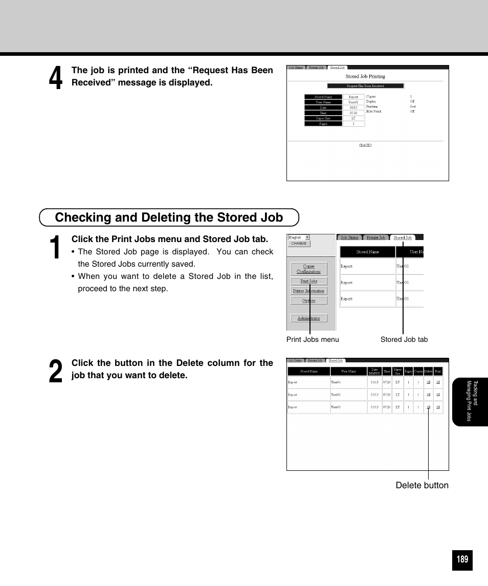 Checking and deleting the stored job | Toshiba 810 User Manual | Page 191 / 218