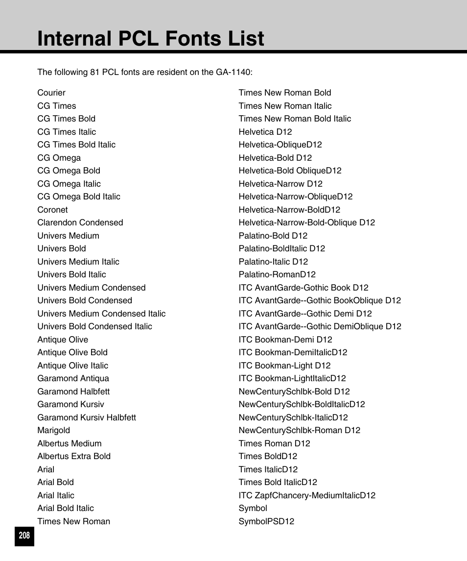 Internal pcl fonts list | Toshiba 810 User Manual | Page 210 / 218