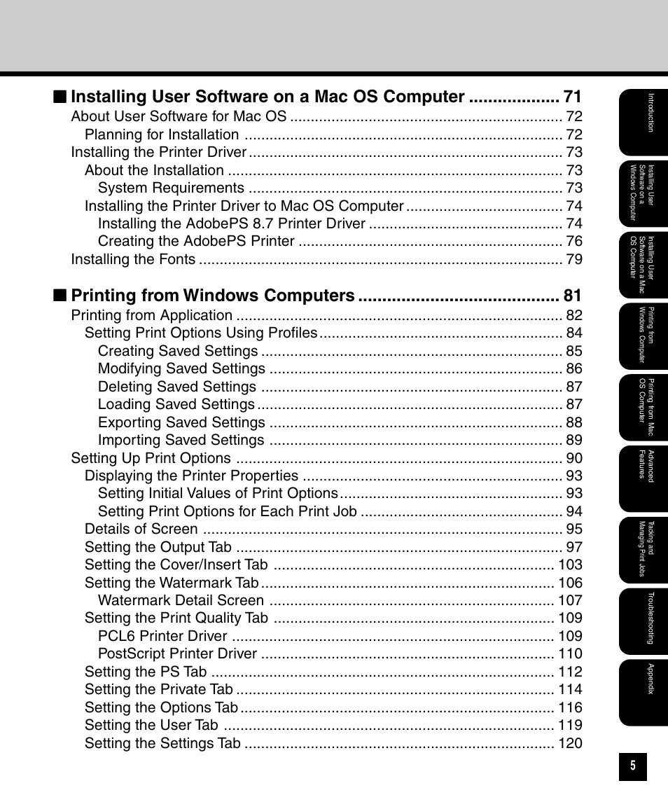 Installing user software on a mac os computer, Printing from windows computers | Toshiba 810 User Manual | Page 7 / 218