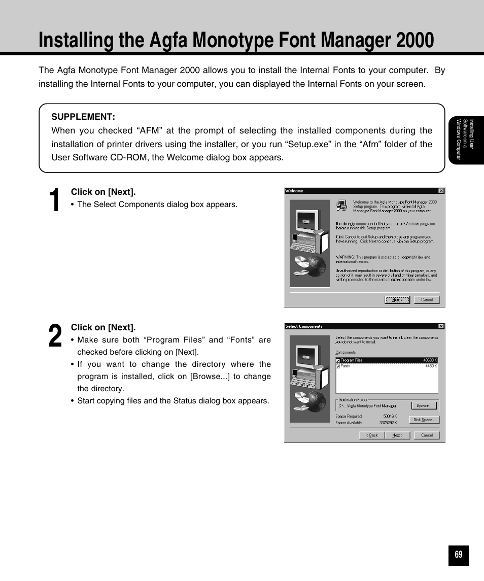 Installing the agfa monotype font manager 2000 | Toshiba 810 User Manual | Page 71 / 218