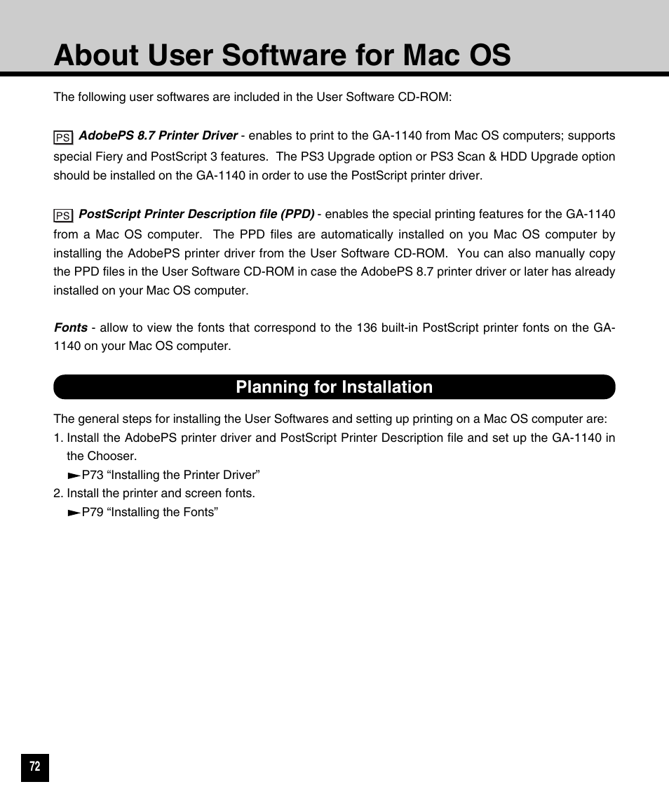 About user software for mac os, Planning for installation | Toshiba 810 User Manual | Page 74 / 218