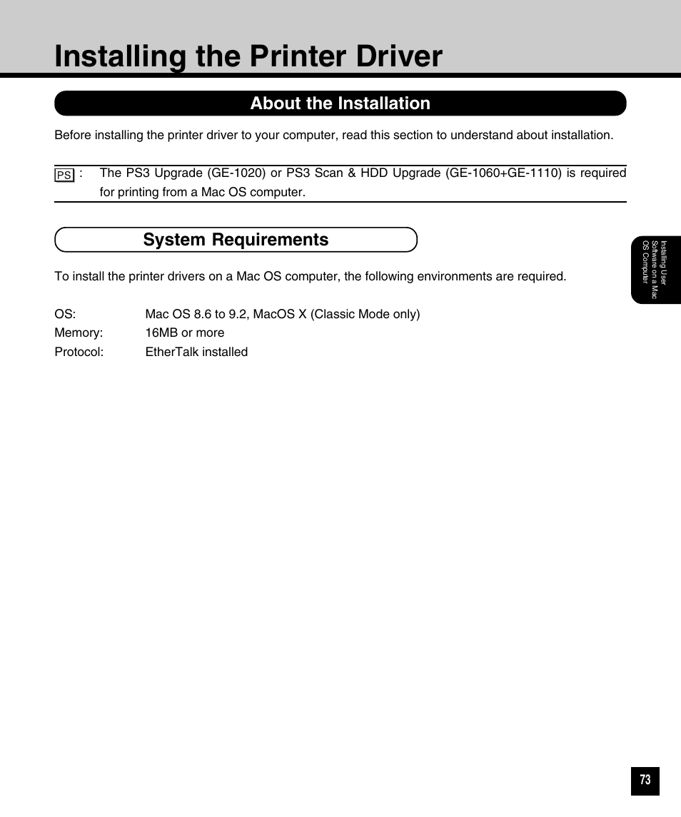 Installing the printer driver, About the installation, System requirements | Toshiba 810 User Manual | Page 75 / 218