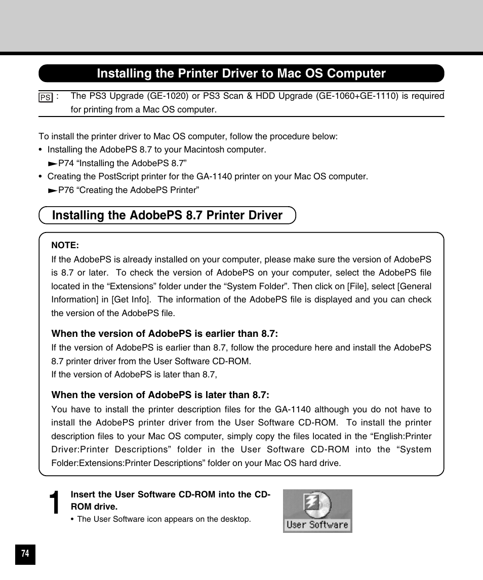 Installing the printer driver to mac os computer, Installing the adobeps 8.7 printer driver | Toshiba 810 User Manual | Page 76 / 218