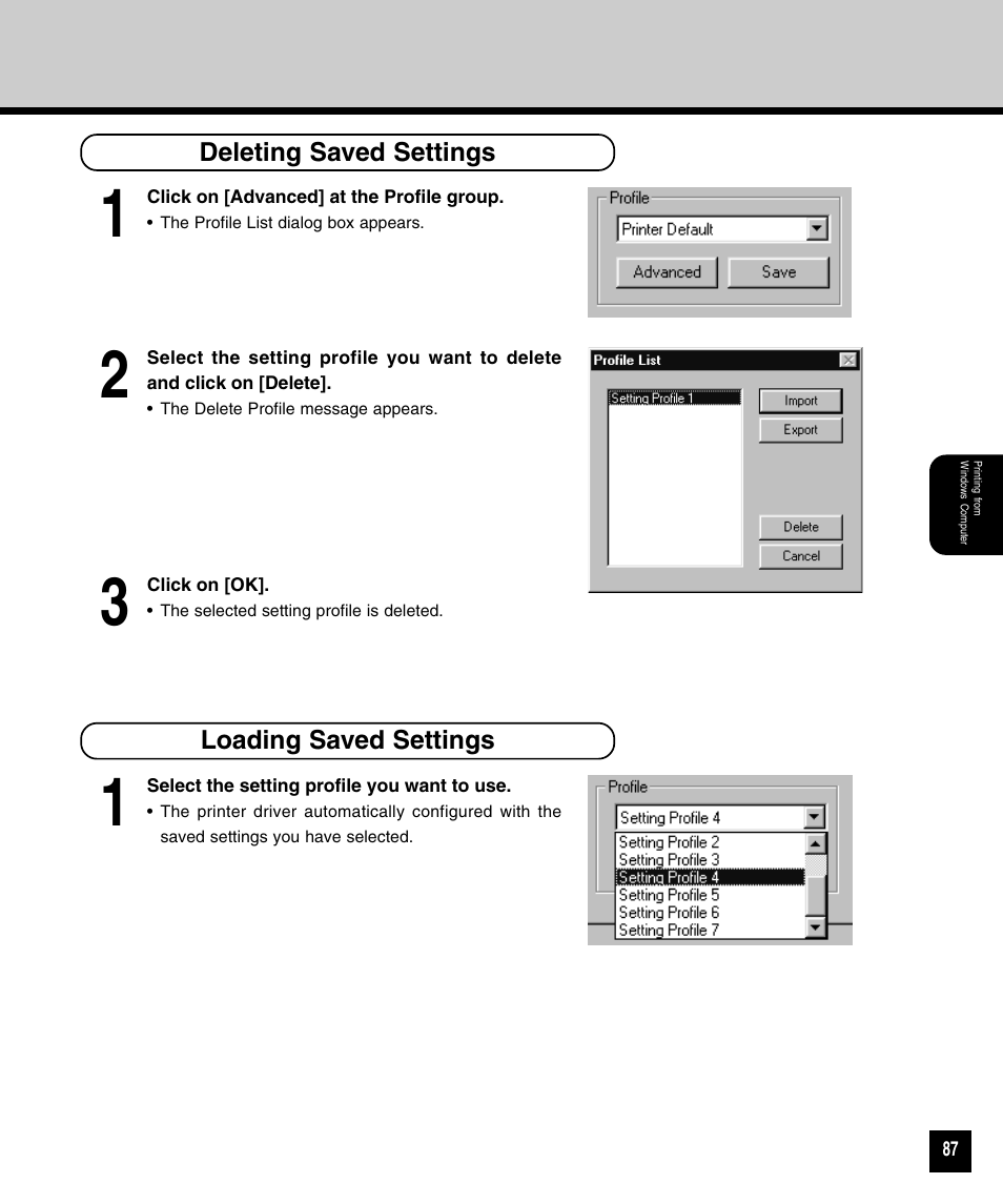 Deleting saved settings, Loading saved settings, Deleting saved settings loading saved settings | Toshiba 810 User Manual | Page 89 / 218