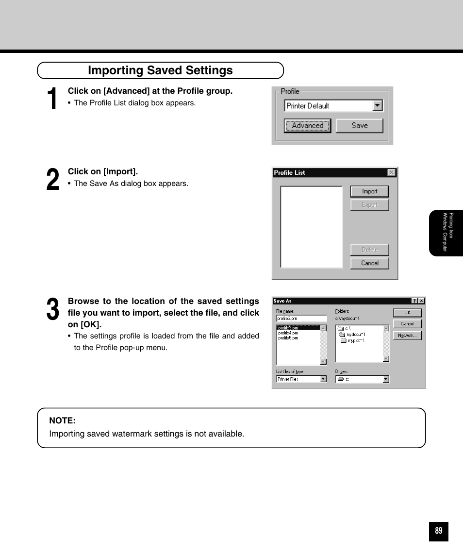 Importing saved settings | Toshiba 810 User Manual | Page 91 / 218