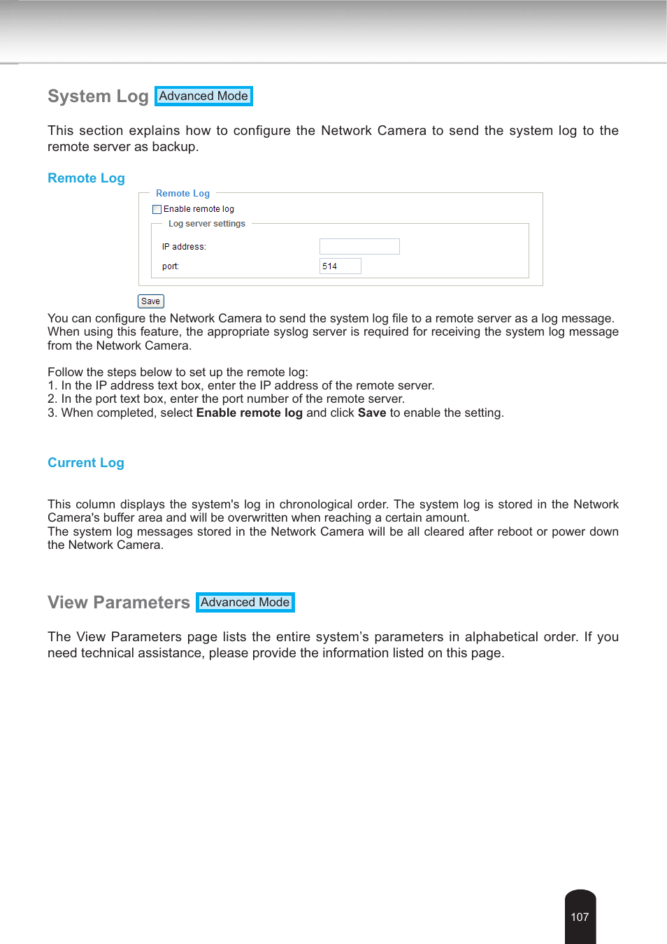 System log, View parameters | Toshiba IK-WB30A User Manual | Page 107 / 121