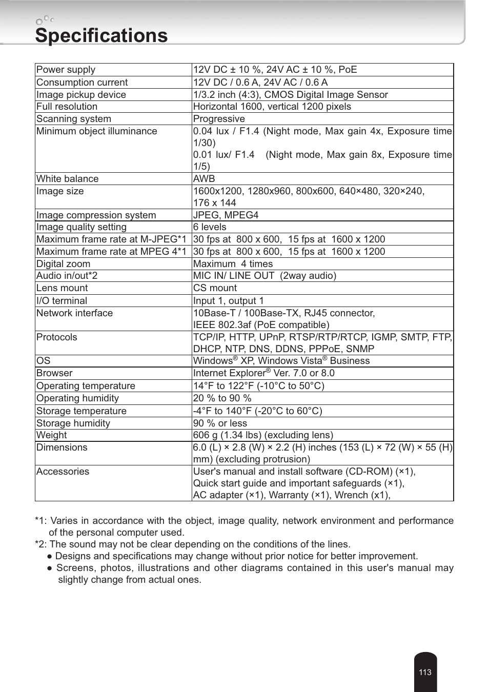 Speciﬁcations | Toshiba IK-WB30A User Manual | Page 113 / 121