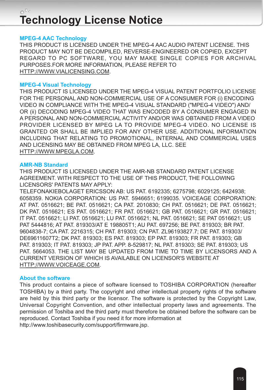 Technology license notice | Toshiba IK-WB30A User Manual | Page 115 / 121