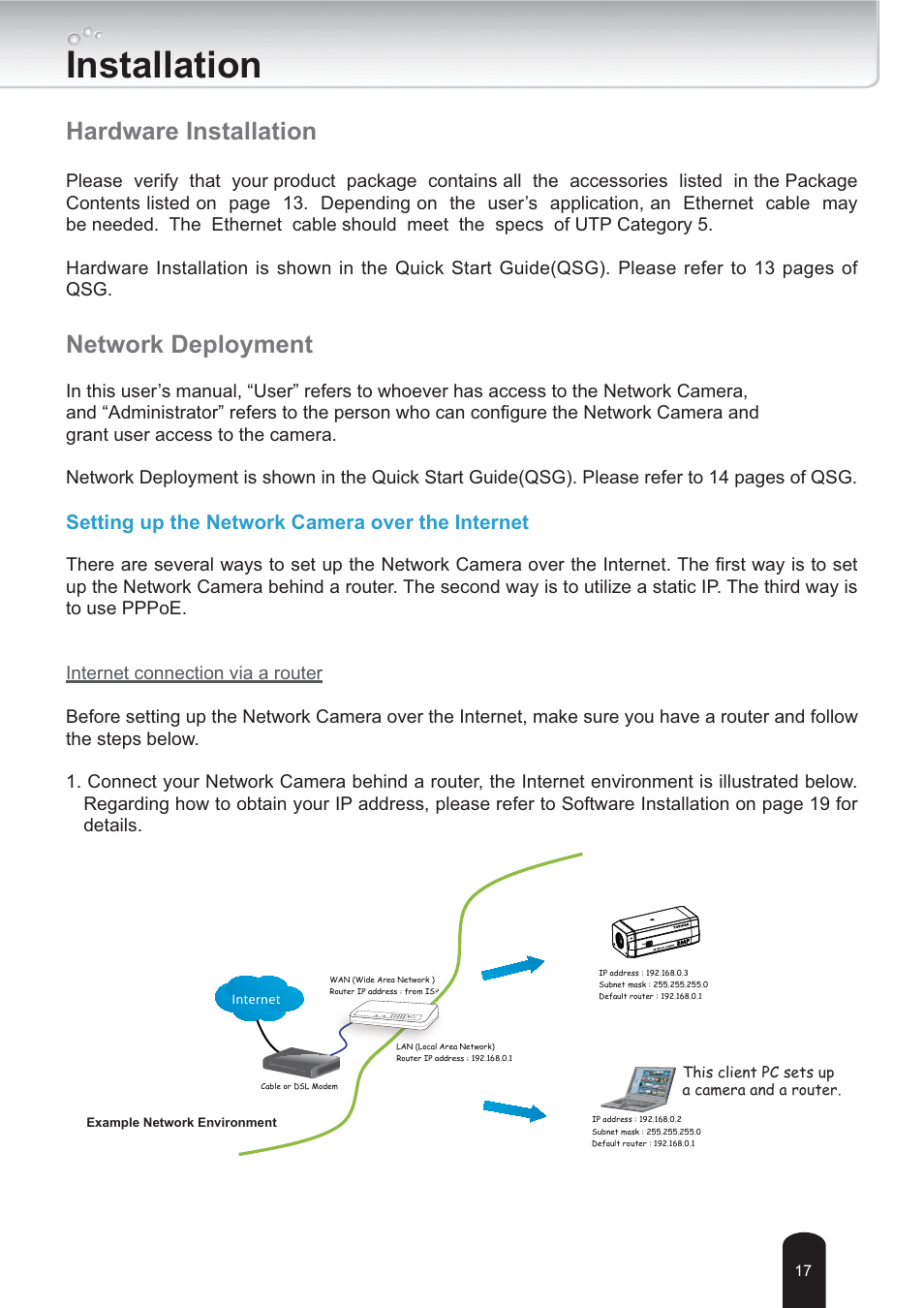 Installation, Network deployment, Hardware installation | Setting up the network camera over the internet | Toshiba IK-WB30A User Manual | Page 17 / 121