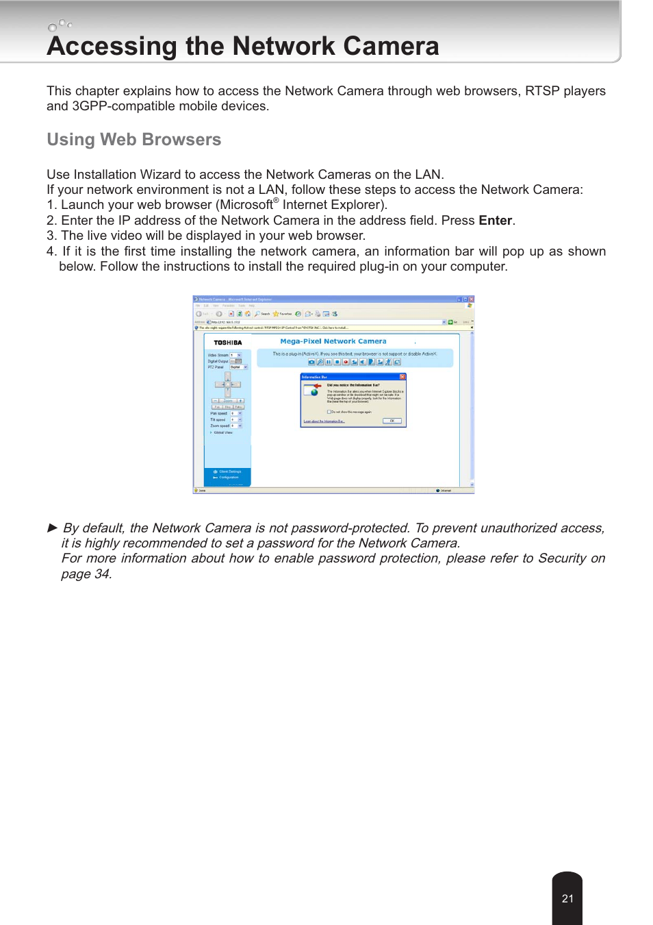 Accessing the network camera, Using web browsers | Toshiba IK-WB30A User Manual | Page 21 / 121