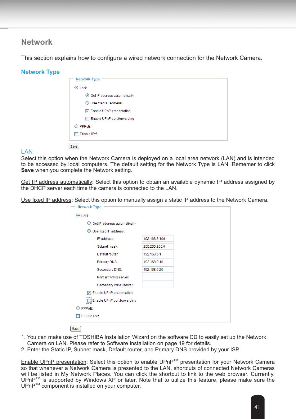 Network | Toshiba IK-WB30A User Manual | Page 41 / 121