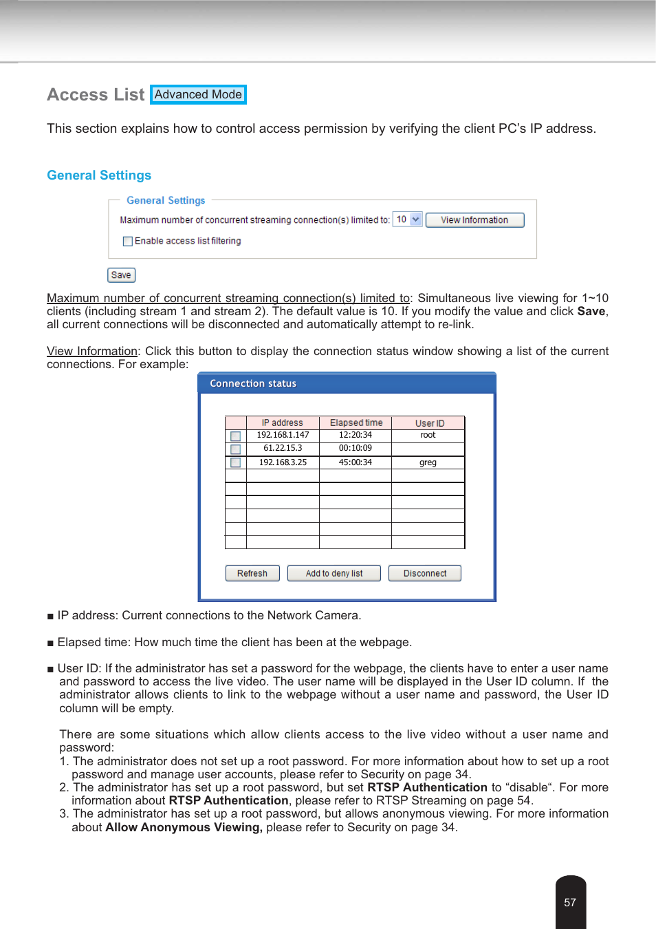 Access list | Toshiba IK-WB30A User Manual | Page 57 / 121