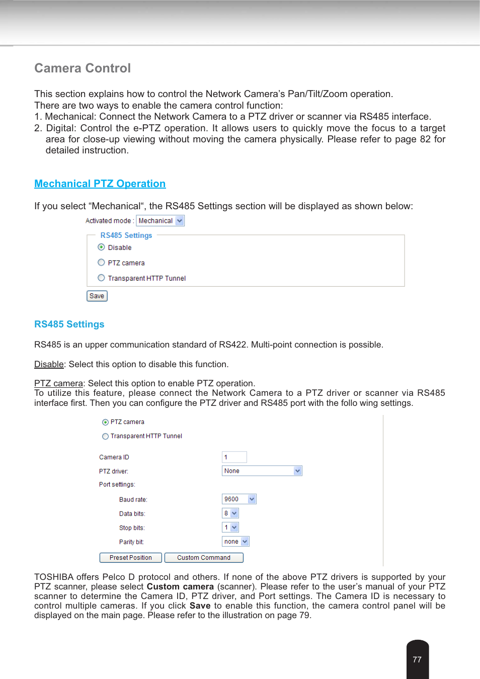Camera control | Toshiba IK-WB30A User Manual | Page 77 / 121