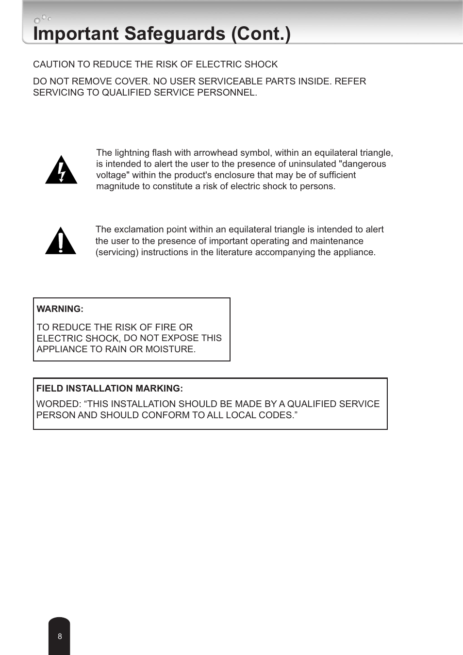 Important safeguards (cont.) | Toshiba IK-WB30A User Manual | Page 8 / 121