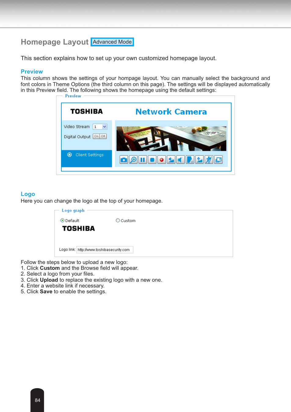 Homepage layout | Toshiba IK-WB30A User Manual | Page 84 / 121
