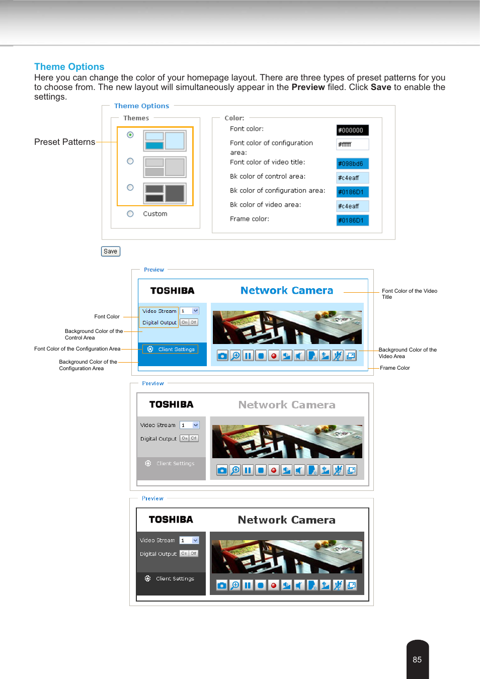 Theme options, Preset patterns | Toshiba IK-WB30A User Manual | Page 85 / 121