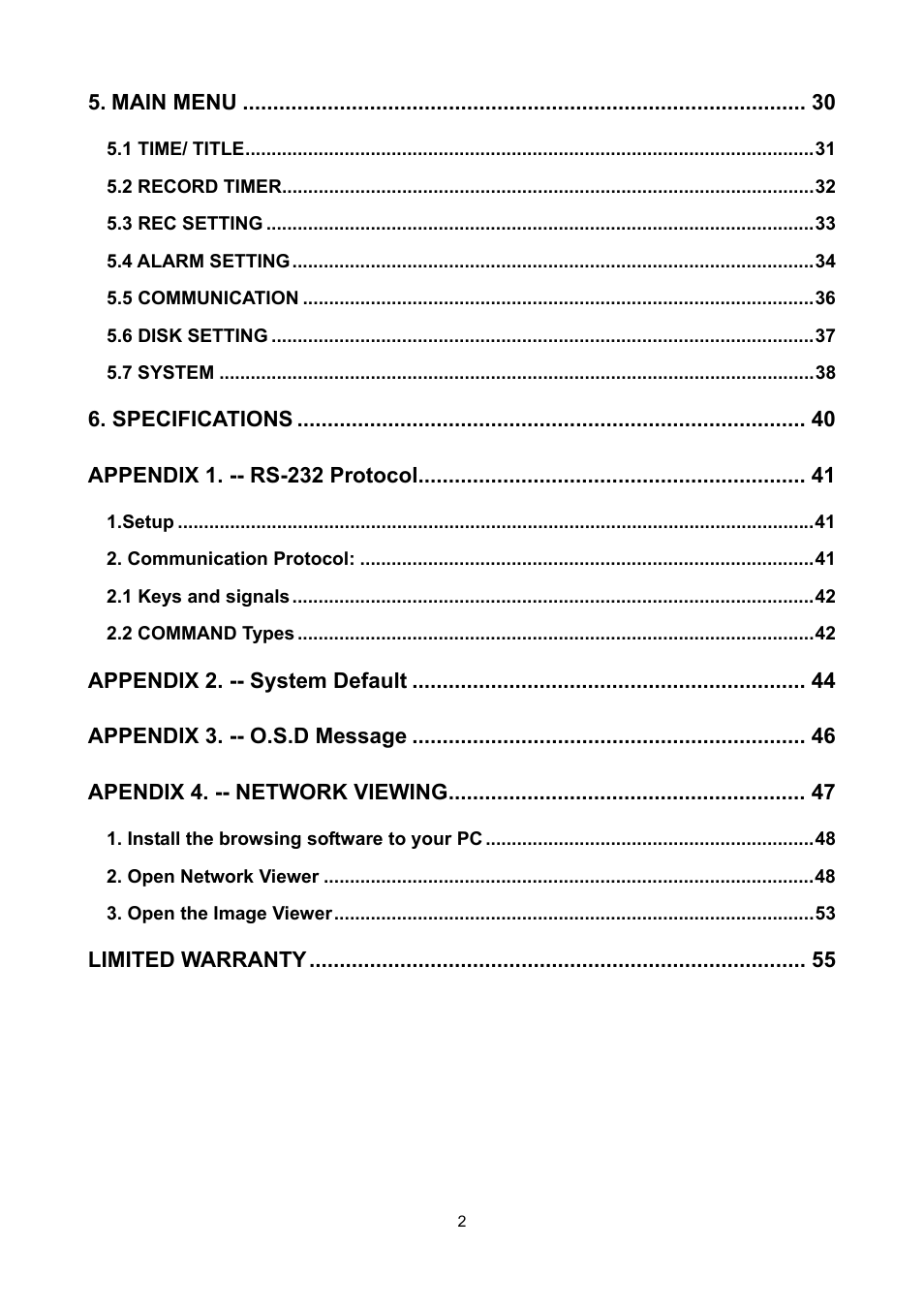 Main menu, Specifications, Appendix 1. -- rs-232 protocol | Appendix 2. -- system default, Appendix 3. -- o.s.d message, Apendix 4. -- network viewing, Limited warranty | Toshiba KV-HD01A User Manual | Page 3 / 56