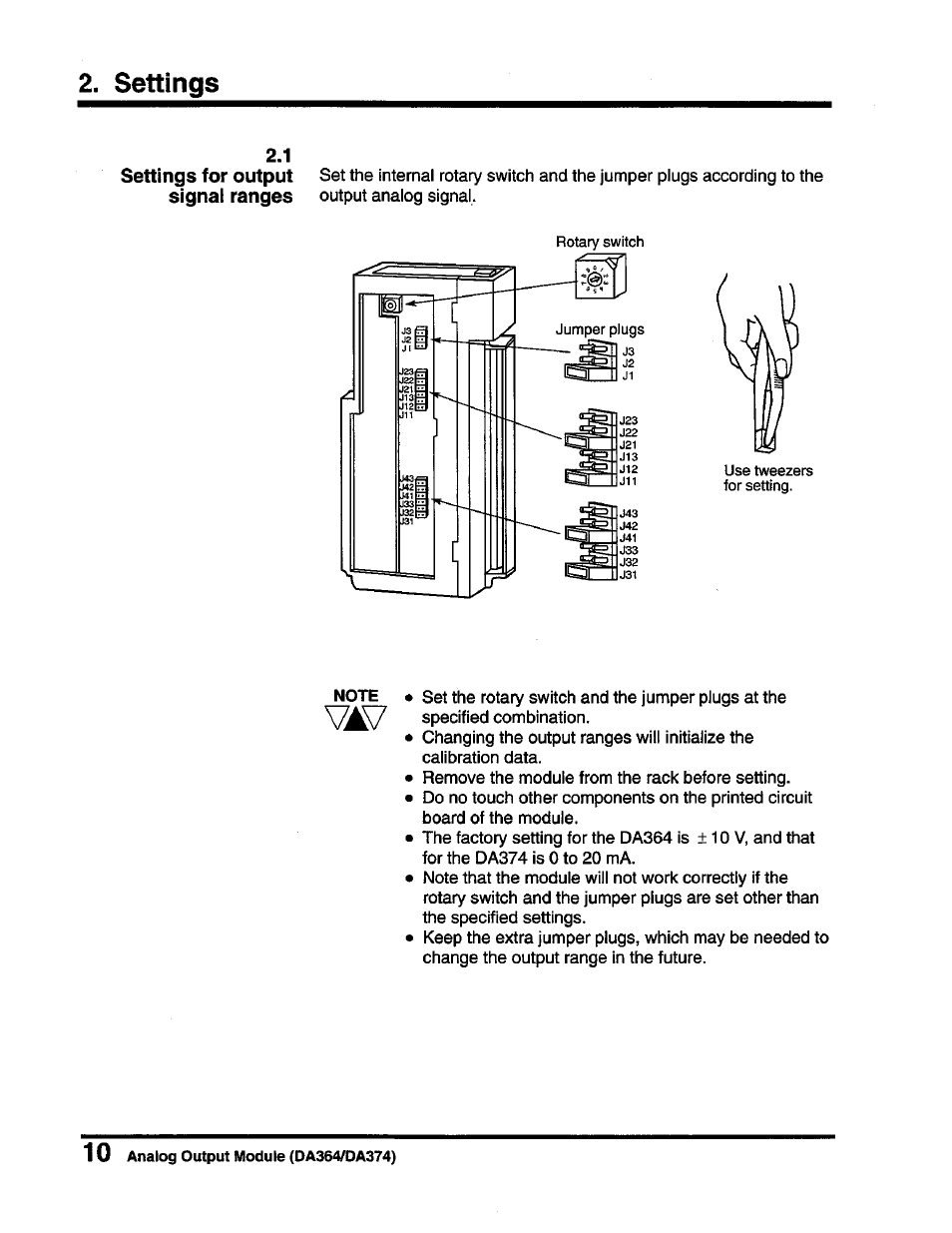 Settings, 1 settings for output signal ranges | Toshiba DA364/DA374 User Manual | Page 12 / 34