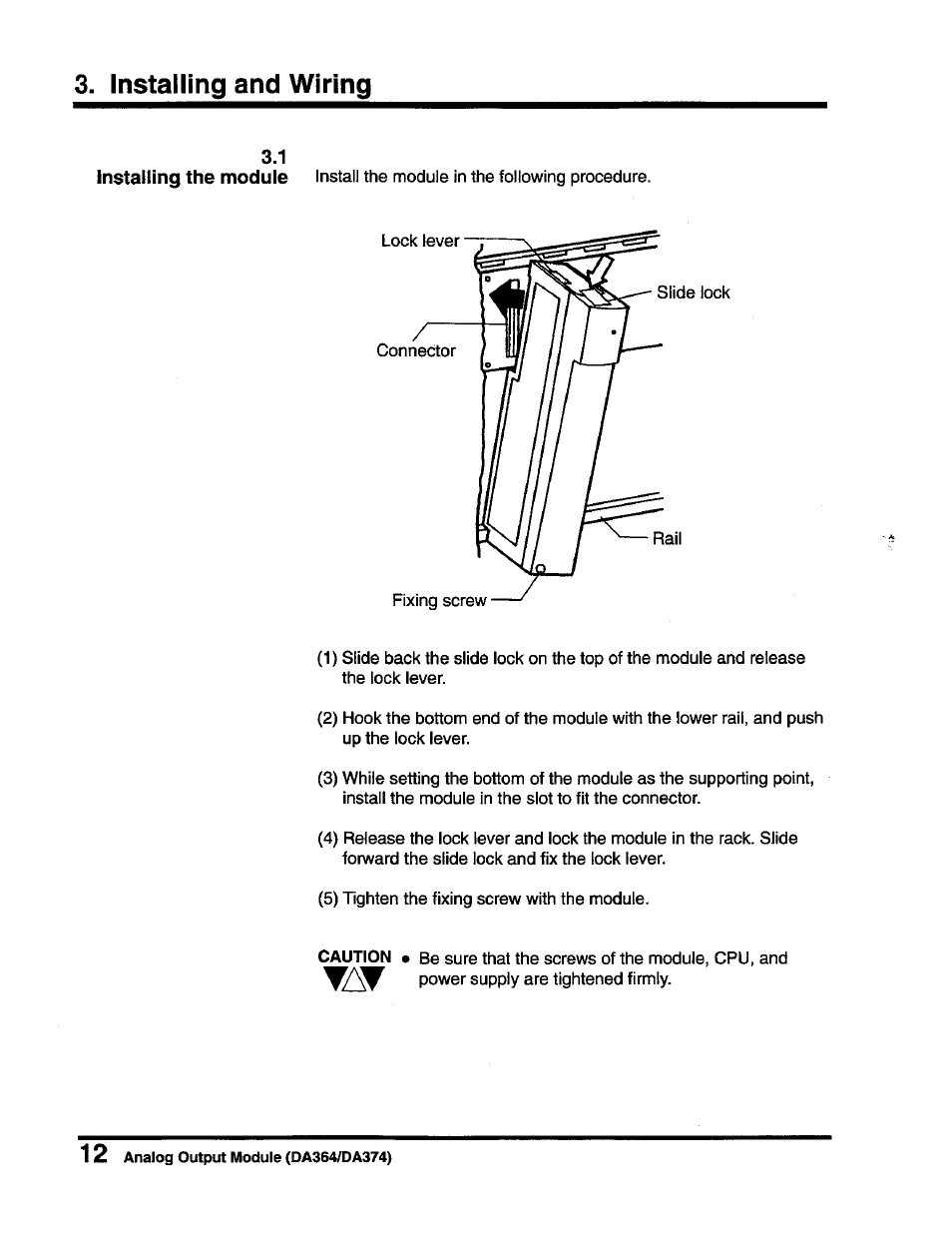 Installing and wiring, 1 installing the module | Toshiba DA364/DA374 User Manual | Page 14 / 34