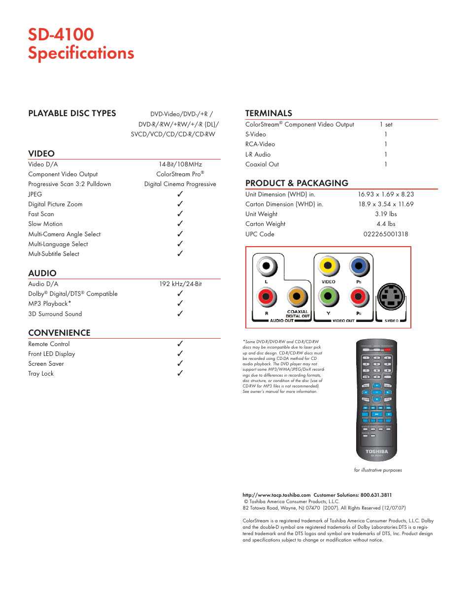 Sd-4100 specifications, Playable disc types, Video | Audio, Convenience, Terminals, Product & packaging | Toshiba SD-4100 User Manual | Page 2 / 2