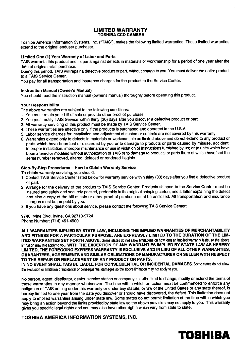 Toshiba, Limited warranty, Toshiba america information systems, inc | Toshiba CCD Monochrome Camera IK-539A User Manual | Page 10 / 10