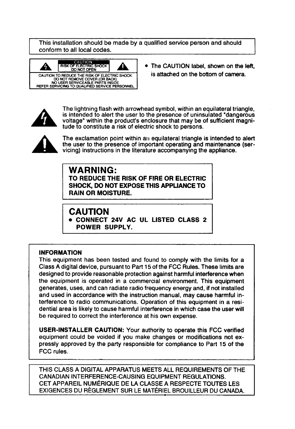 Warning, Caution | Toshiba CCD Monochrome Camera IK-539A User Manual | Page 3 / 10