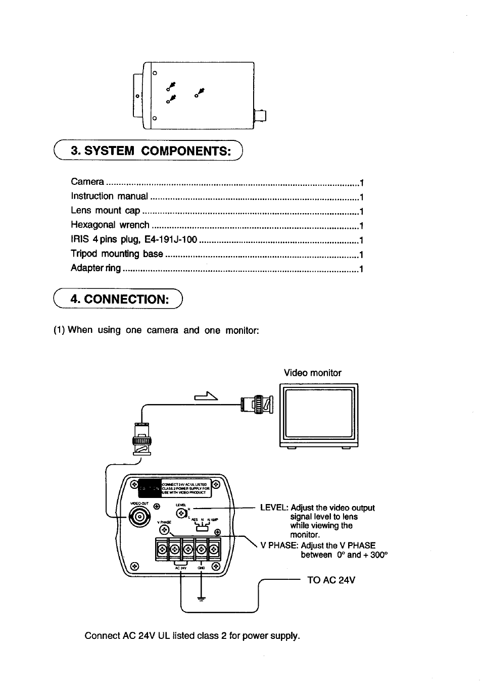 System components: ), Connection: ) | Toshiba CCD Monochrome Camera IK-539A User Manual | Page 5 / 10