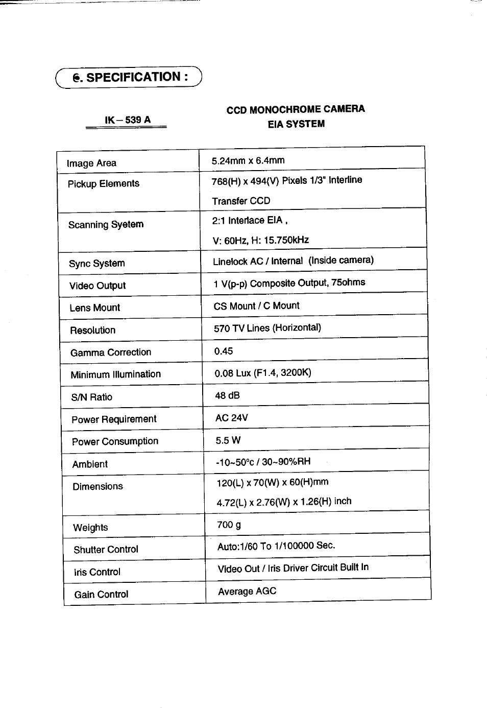 Specification : ) | Toshiba CCD Monochrome Camera IK-539A User Manual | Page 8 / 10