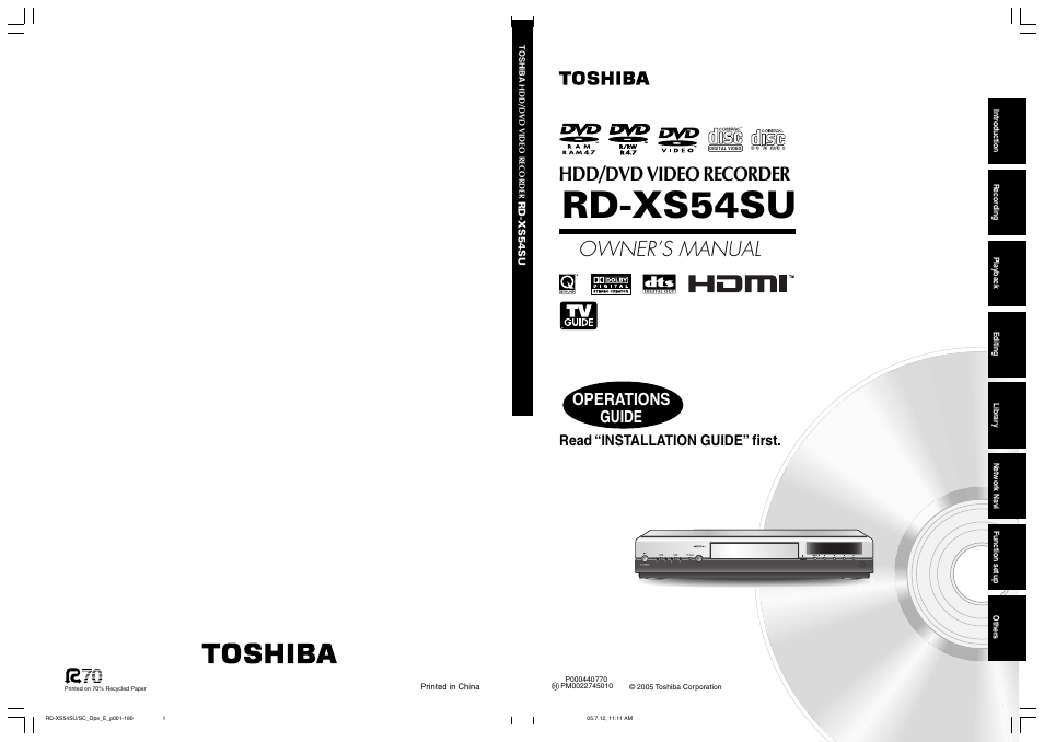 Toshiba RD-XS54SU User Manual | 100 pages