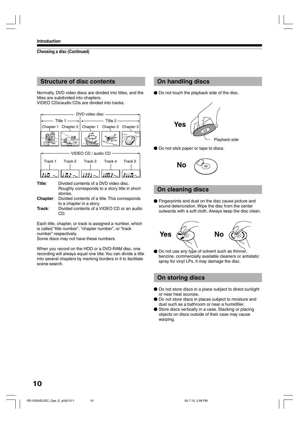 Yes no no, On handling discs, On cleaning discs | On storing discs, Structure of disc contents | Toshiba RD-XS54SU User Manual | Page 10 / 100