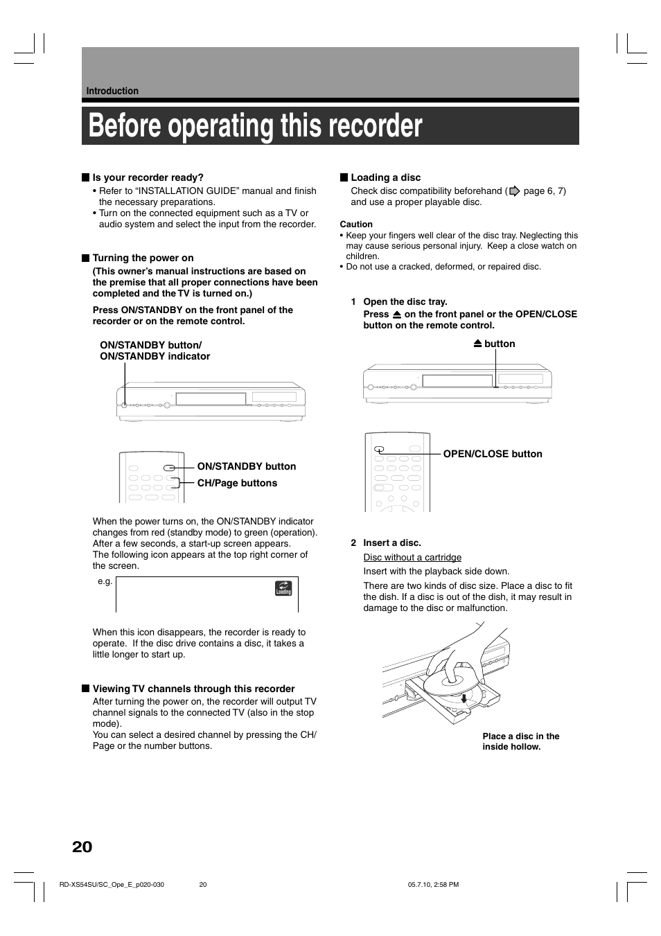 Before operating this recorder | Toshiba RD-XS54SU User Manual | Page 20 / 100