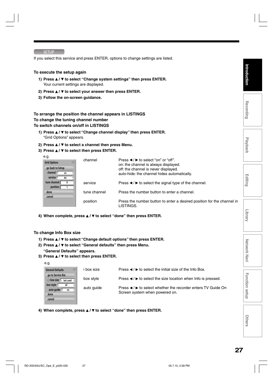 Setup | Toshiba RD-XS54SU User Manual | Page 27 / 100