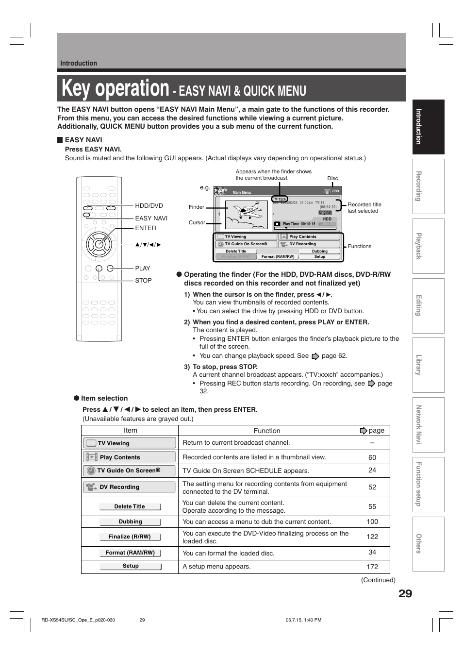 Key operation, Easy navi & quick menu | Toshiba RD-XS54SU User Manual | Page 29 / 100