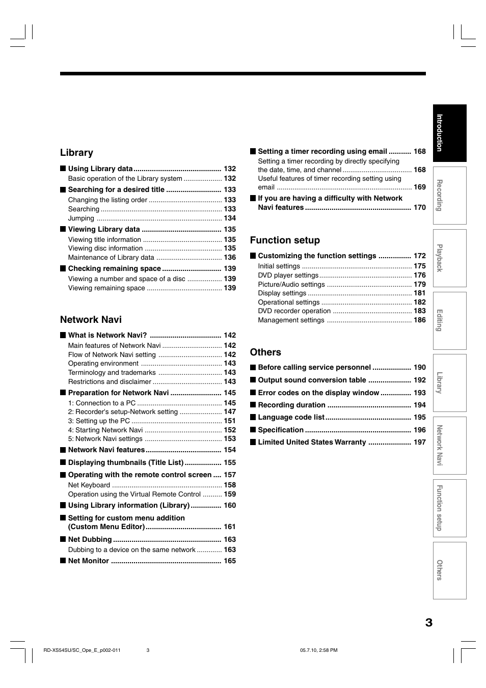 Library, Network navi, Function setup | Others | Toshiba RD-XS54SU User Manual | Page 3 / 100