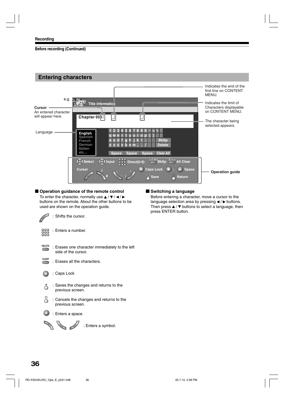 Entering characters | Toshiba RD-XS54SU User Manual | Page 36 / 100