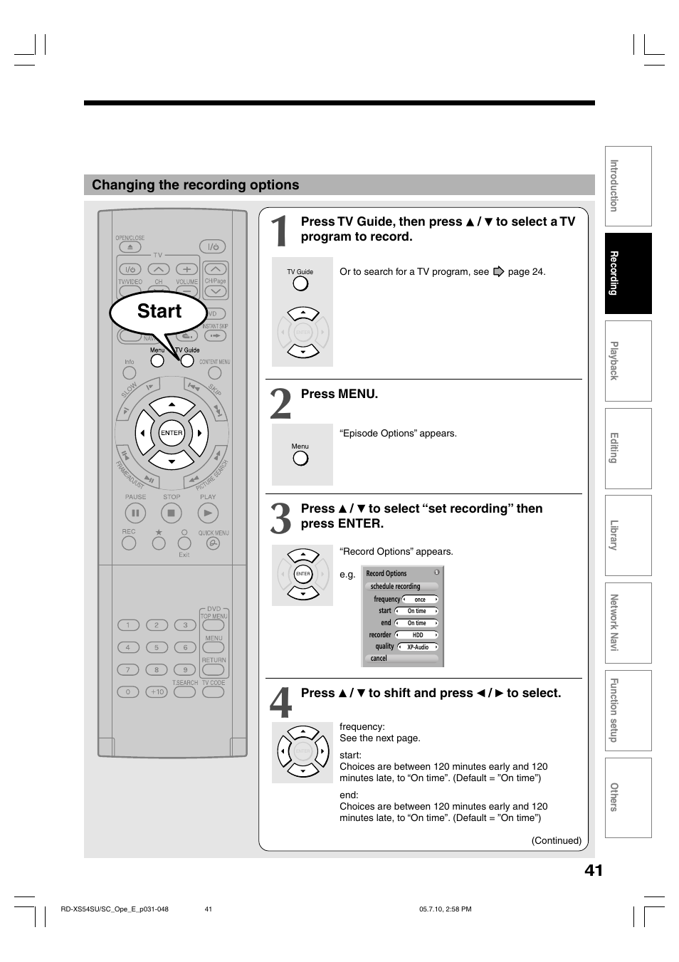 Start | Toshiba RD-XS54SU User Manual | Page 41 / 100