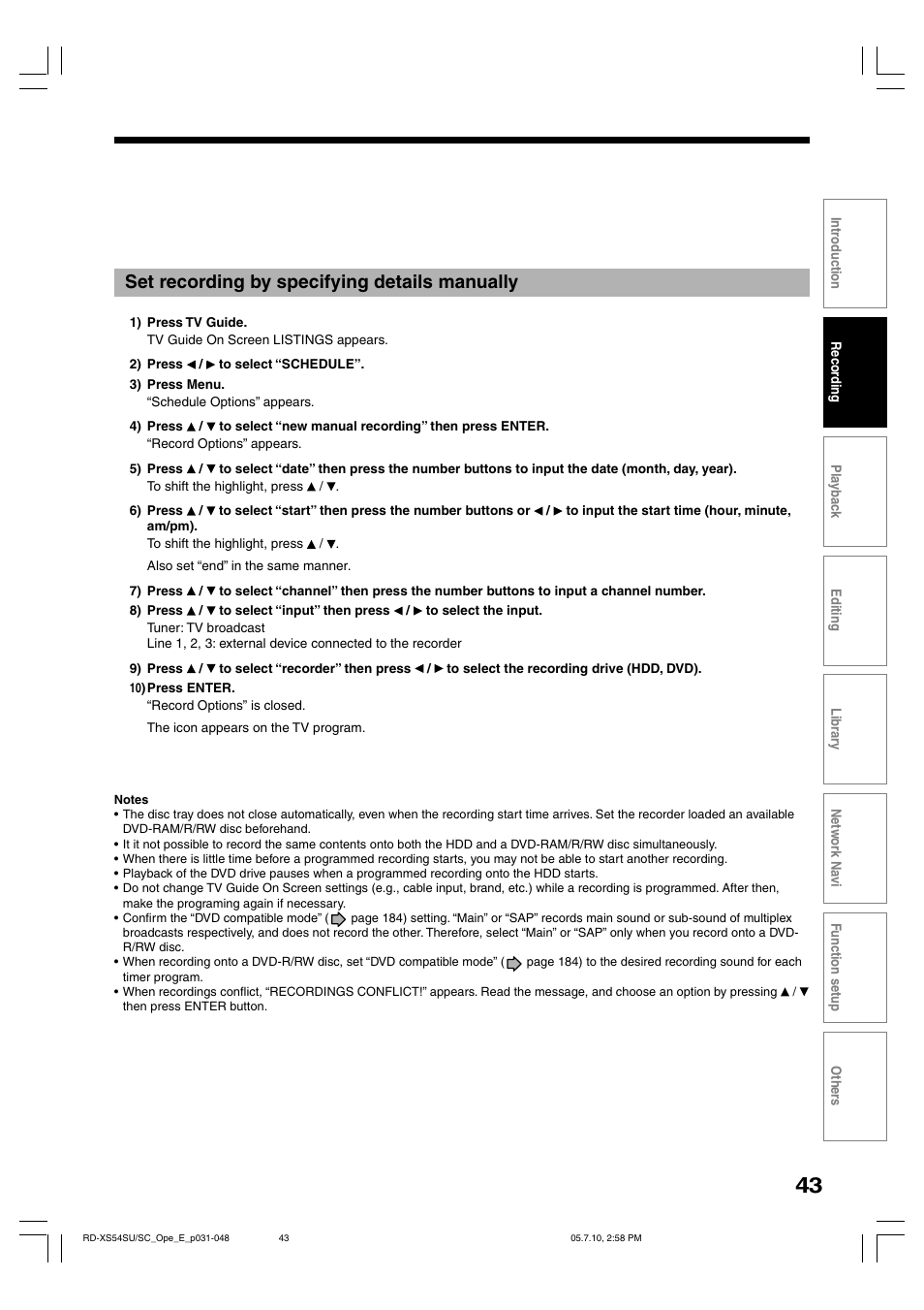 Set recording by specifying details manually | Toshiba RD-XS54SU User Manual | Page 43 / 100