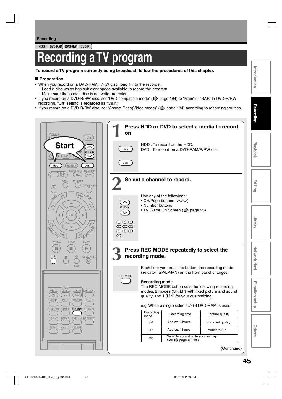 Recording a tv program, Start | Toshiba RD-XS54SU User Manual | Page 45 / 100