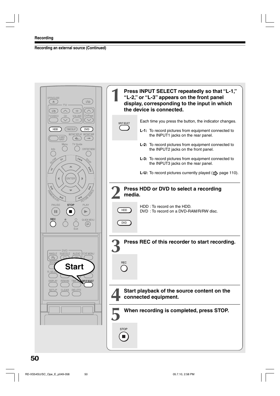 Start | Toshiba RD-XS54SU User Manual | Page 50 / 100