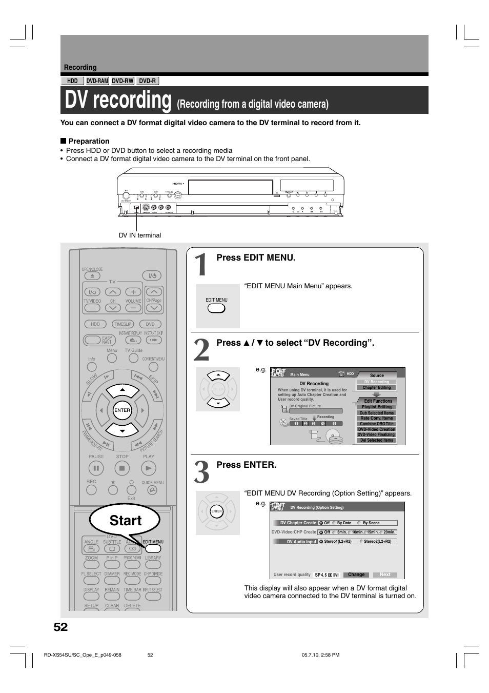 Dv recording, Start, Recording from a digital video camera) | Press edit menu, Press / to select “dv recording, Press enter | Toshiba RD-XS54SU User Manual | Page 52 / 100