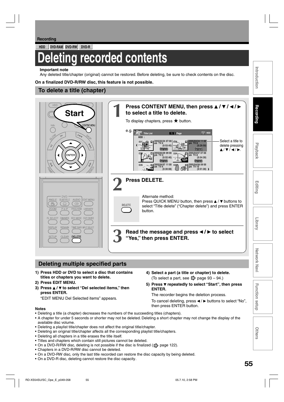 Deleting recorded contents, Start, Deleting multiple specified parts | Toshiba RD-XS54SU User Manual | Page 55 / 100