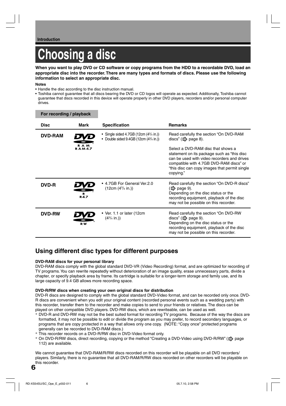 Choosing a disc, Using different disc types for different purposes | Toshiba RD-XS54SU User Manual | Page 6 / 100