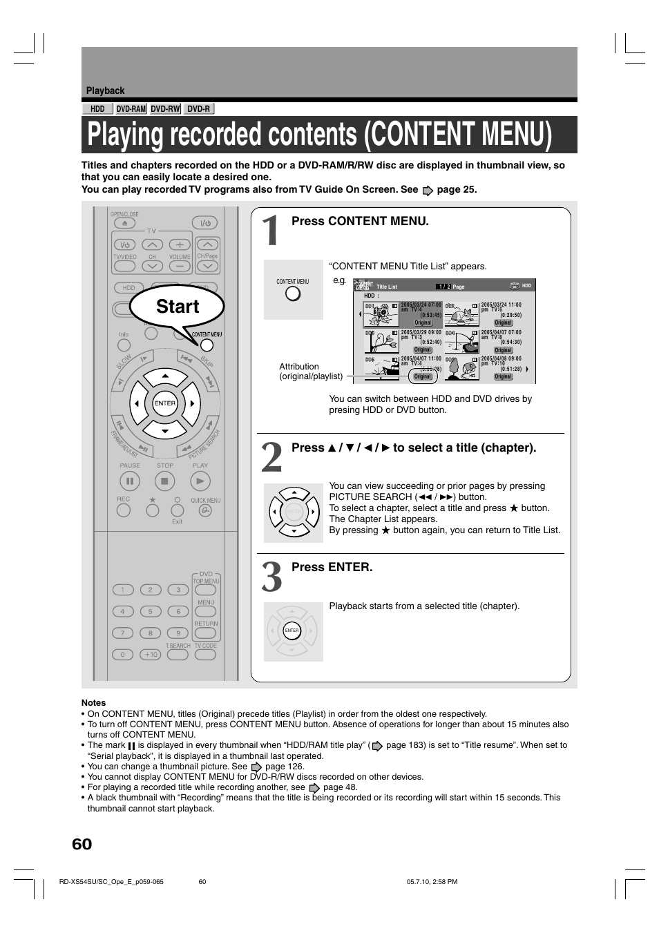 Playing recorded contents (content menu), Start, Press content menu | Press / / / to select a title (chapter), Press enter | Toshiba RD-XS54SU User Manual | Page 60 / 100